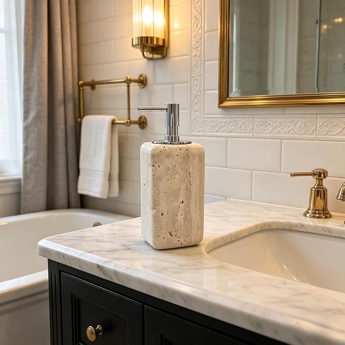 Ivory Travertine Soap Pump, Refillable Bathroom Liquid Dispenser with Aluminum Pump, Natural Organic Stone Hand Lotion Dispenser, Pump Bottle Dispenser for Bathroom and Kitchen Countertop