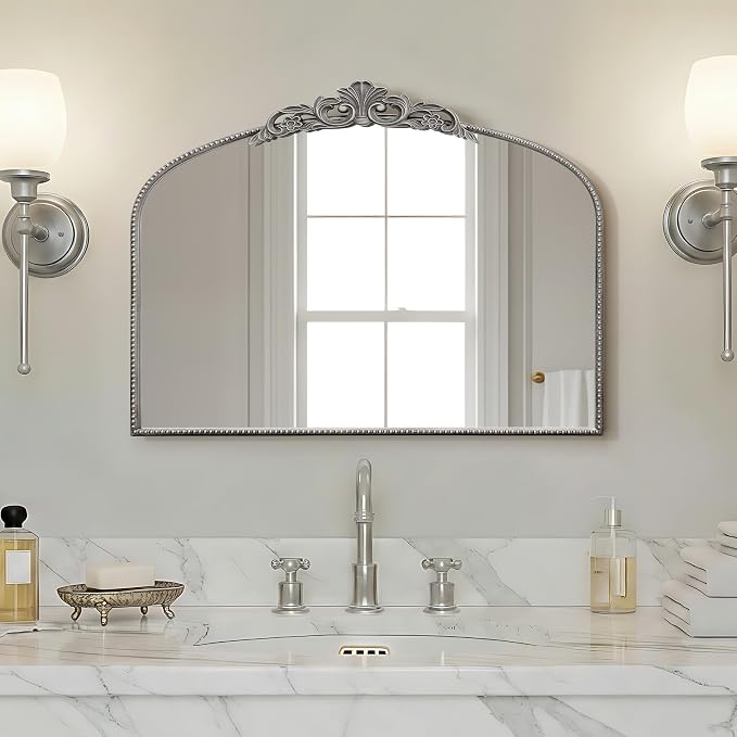 Micasso Vintage Wall Silver Mirror: 32"x24" French Baroque Antique Mirror - Traditional Ornate Decorative Arched for Wall/Bathroom/Entryway/Fireplace/Hallway - Home Decor for Living Room