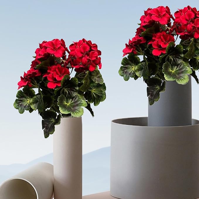 Artificial Geraniums 2Pcs 18 Inch 9 Heads Geraniums Artificial Flowers Realistic Vibrant Fade-Resistant Flowers for Wedding Home Party Decor, Red