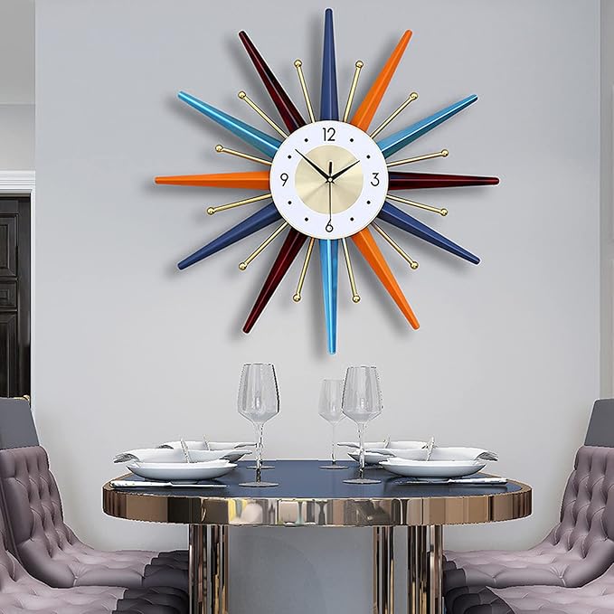 Starburst Large Wall Clock Metal Decorative,Mid Century Wall Clocks, Silent Non-Ticking Battery Operated Wall Clocks Home Décor for Living Room,Bedroom,Dining Room, Office, 22 inch