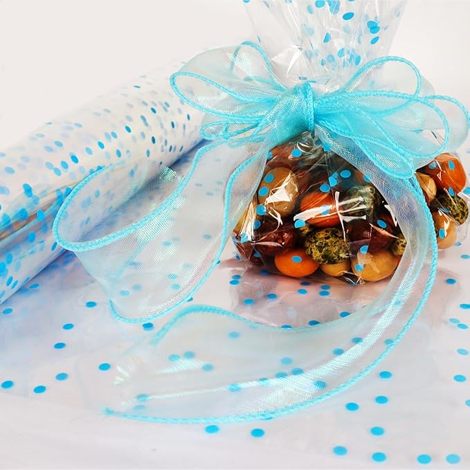 CMFYHM Clear Cellophane Wrap Roll (34" x 100’Ft) Blue Polka Dot Cellophane, Transparent Cellophane Wrap Roll for Treats, Gifts, Baskets, Flowers, Birthday Party,Easter, Christmas Decorations