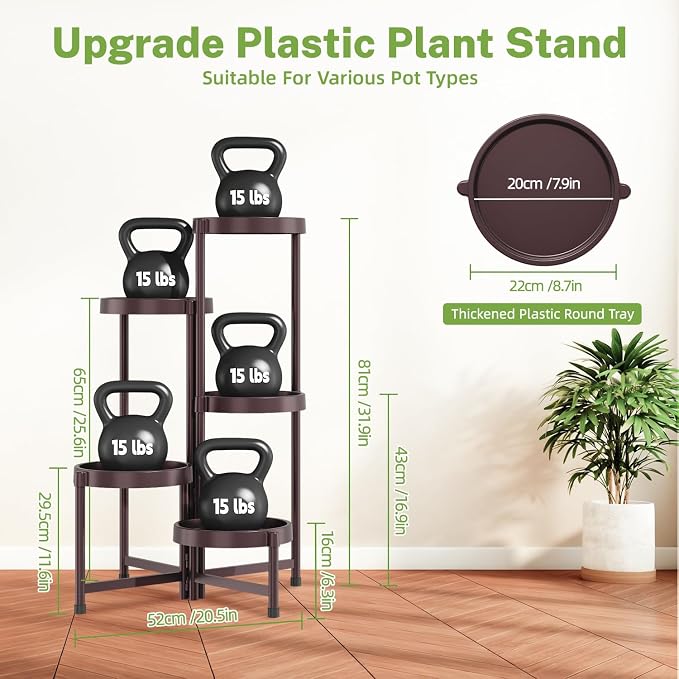 iDavosic.ly 5 Tier Folding Plant Stand Indoor Outdoor with Plastic Tray, Tiered Corner Flower Holder Shelf, Metal Orchid Display Rack for Patio Porch Living Room Garden Balcony, Bronze
