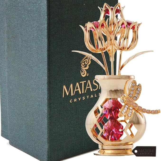 Matashi 24K Gold Plated Crystal Studded Flower Ornament in Vase with Decorative Dragonfly - Elegant Tabletop Ornament - Perfect Valentine's Day Gift for Her, Wife, Mom, Birthday, Home or Office Décor
