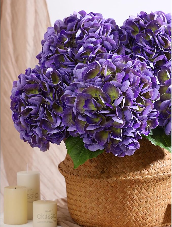 3Pcs Hydrangea Artificial Flowers, 22.44" Real Touch Latex Faux Hydrangea with Long Stems & Leaves for Home Office Decor or Wedding, Party, Centerpieces, Floral Arrangements (Purple)