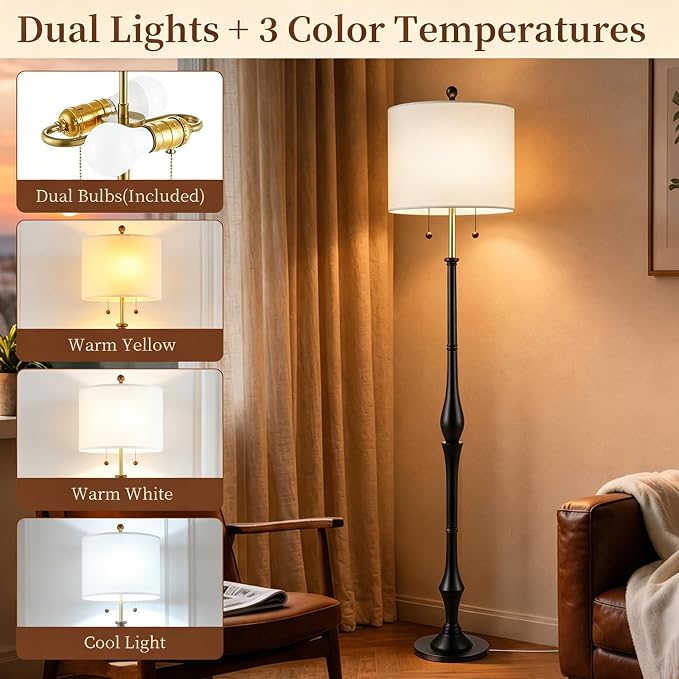 67.5'' Rustic Wooden Floor Lamp with Linen Shade, Farmhouse Floor Lamp for Living Room, Bedroom & Reading Nook, 3-Color Adjustable Tall Lamp with Pull Chain (Black)