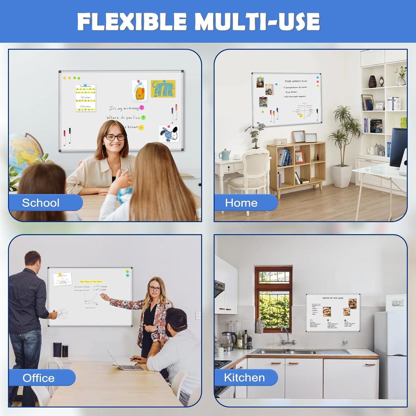 WALGLASS Double-Sided Dry Erase Board - 24" x 18" Magnetic Whiteboard with Silver Aluminum Frame for Home & Office