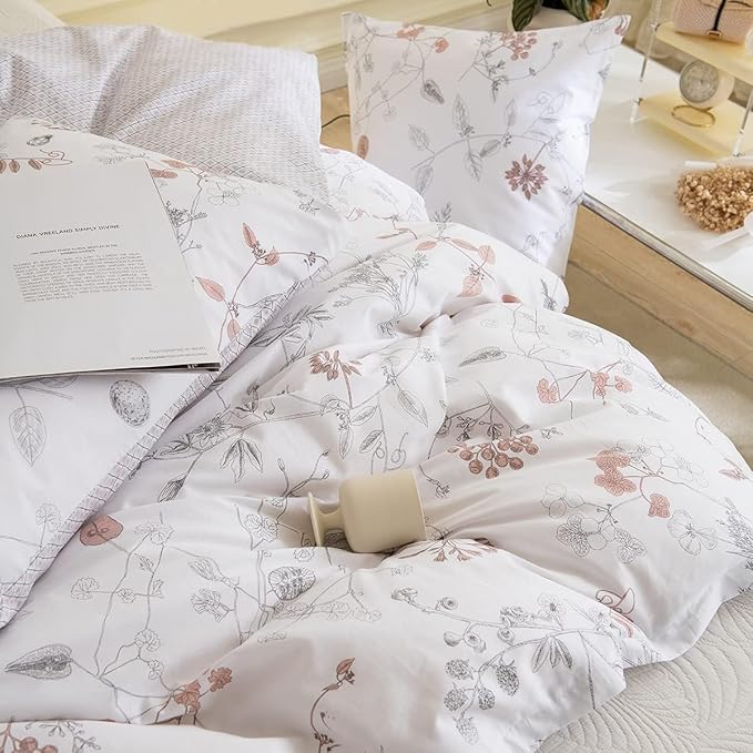 EAVD Botanical Floral Duvet Cover King Soft Cotton Reversible Pattern Chic Garden Floral Bedding Set with 2 Pillowcases Gorgeous Botanical Print Comforter Set with Zipper Closure
