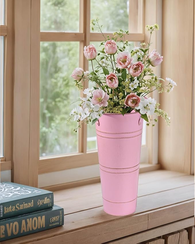 9 Inch Galvanized Metal Vases for Flowers - 6 Pcs Farmhouse Decorative Tall Flower Bucket with Handles, Rustic French Tin Planter Buckets for Wedding Decor (Pink)