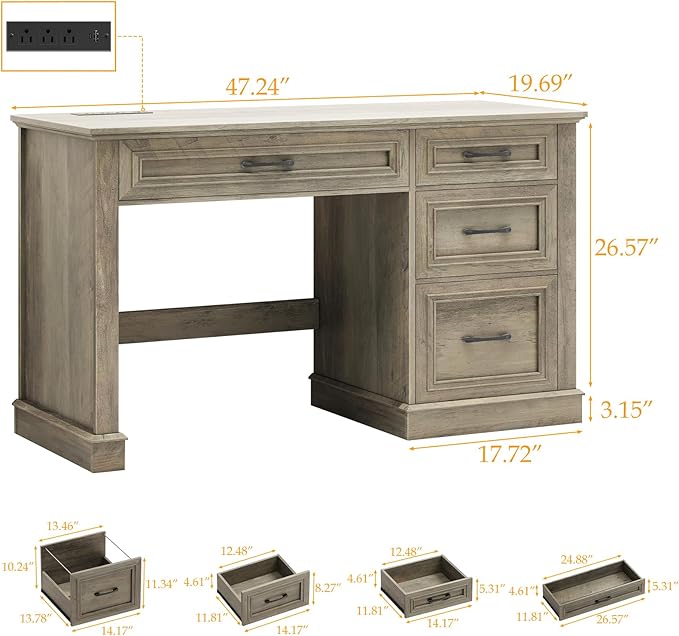 Farmhouse 47" Executive Desk, Computer Desk with Drawers and File Drawer, Workstation Computer Desk with Charging Station for Home Office,Study（Wash Grey）