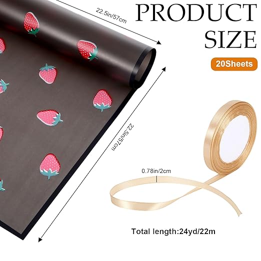 20 Sheets Flower Wrapping Paper, Translucent Strawberry Matte Black Wrapping Paper With Ribbon, Black Floral Papers for Bouquets, Wrapping Papers for Gifts Birthday Wedding Christmas Girl Halloween