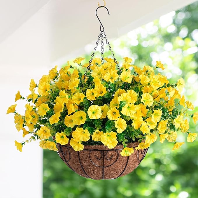 Artificial Flowers for Outdoors Fake Flowers Plants for Spring Summer Decor, 12 Bundles Silk Morning Glory with Eucalyptus Look Real UV Resistant Yellow Faux Flowers for Outside Planters Yard Patio
