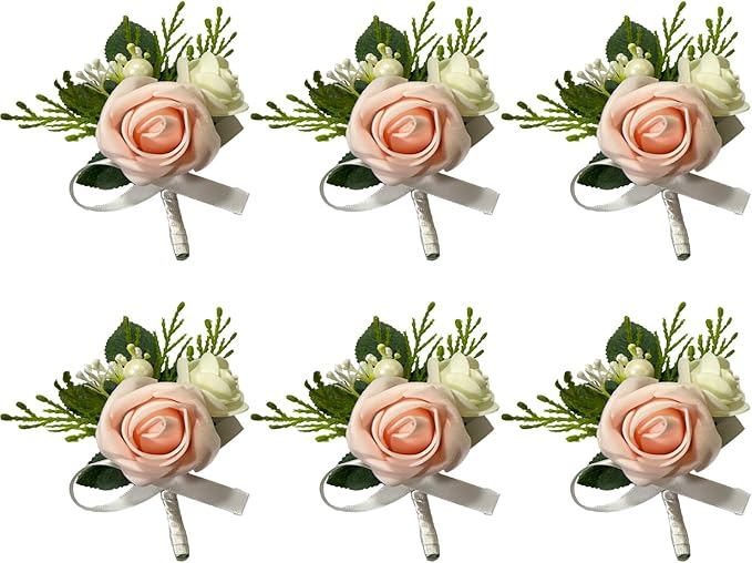 6PCS Blush Pink Boutonniere for Men,Coral Pink Boutonniere Pins for Men Groomsmen Guest Boutonniere, Artificial Flowers for Wedding Decor Prom Homecoming