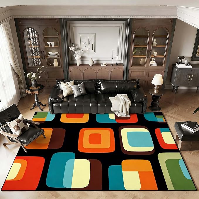 Mid Century Modern Rug, Colorful Abstract Geometric Area Rug, Retro Atomic Starburst Rugs, Washable Non-Slip Soft Low Pile 1950s Carpet for Living Room, Bedroom (6' x 9'(Rectangular))