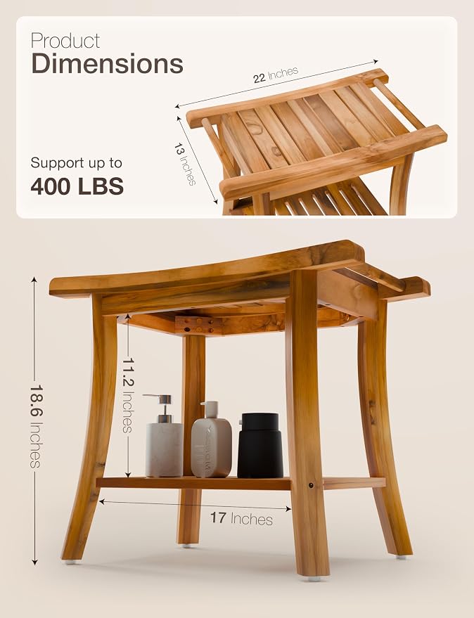 Tinamo Teak Shower Bench 22" L and Acacia Bathtub Caddy Tray 39" L Bundle