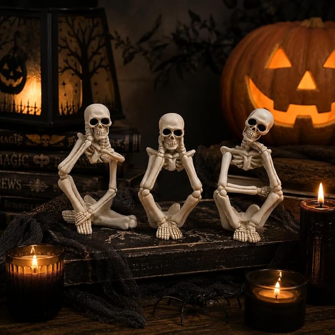 Skeleton Thinker Decor Set of 3, Resin Gothic Figurines for Home Decor, Aesthetic Skull Shelf Decor, Halloween Decorations for Home, Bookshelf & Office Accents