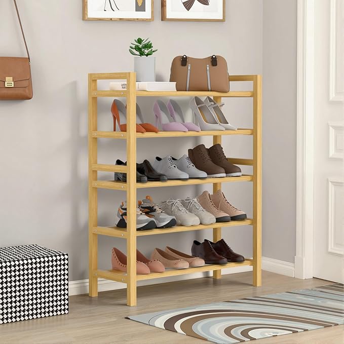 Haddockway Bamboo Shoe Rack for Closet, Free Standing Shoe Organizer with Smooth Round Rods & Convenient Handles, Stackable Shoe Storage Shelf for Entryway, Hallway(Natural, 5-Tier)