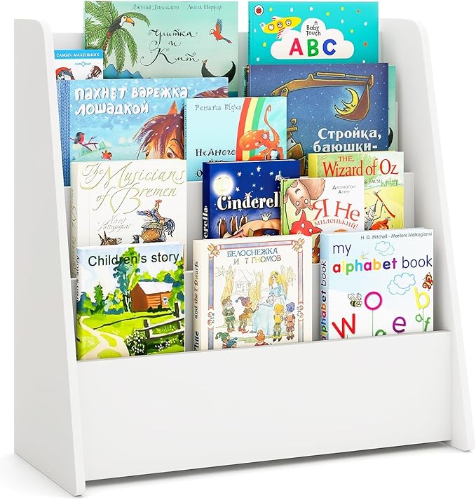Costzon 4-Tier Kids Bookshelf, Front Facing Children Bookcase with Deep Compartments, Magazine Storage Rack for Kids Bedroom, Playroom, Nursery, Classroom, Kindergarten (White)