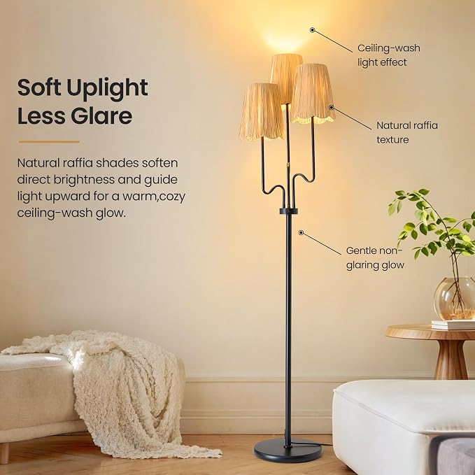 Raffia Floor Lamp, 68in. Dimmable Boho Floor Lamps with Natural Raffia Shade, 3-Light Standing Lamp with Weighted Base, Soft Uplight for Living Room, Bedroom, Reading Corner (Dimmable-Raffia Shade)