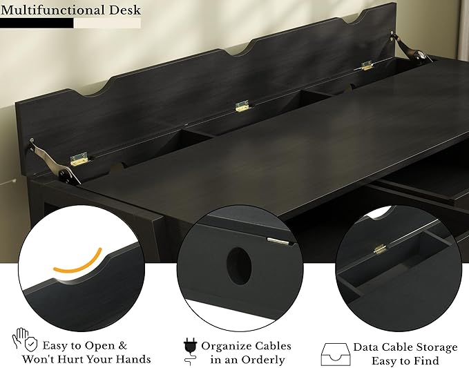 HNY 59 Inches Black Wooden Writing Desk with 3 Drawers, Computer Study Table with MDF Top, Solid Rubberwood Legs and Hidden Cable Management Holes, Corner Makeup Vanity Desk for Home Office, Bedroom
