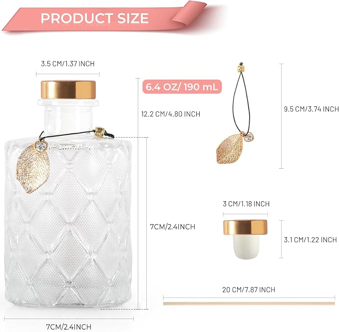Glass Reed Diffusers Bottles for Home, Diffuser Bottles with 40PCS Reed Diffuser Sticks, Vintage Embossed Apothecary Style Flower Bud Vases with Cork Lids, Set of 6