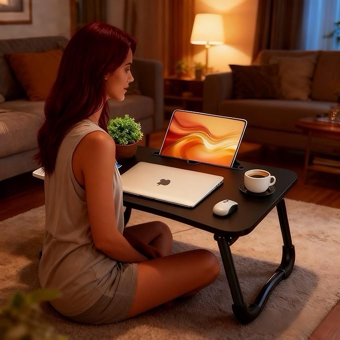 Fayquaze Laptop Bed Table, Portable Foldable Laptop Bed Desk with Storage Drawer and Cup Holder, Lap Desk Lap Stand Tray Table Floor Table Serving Tray for Eating, Reading and Working