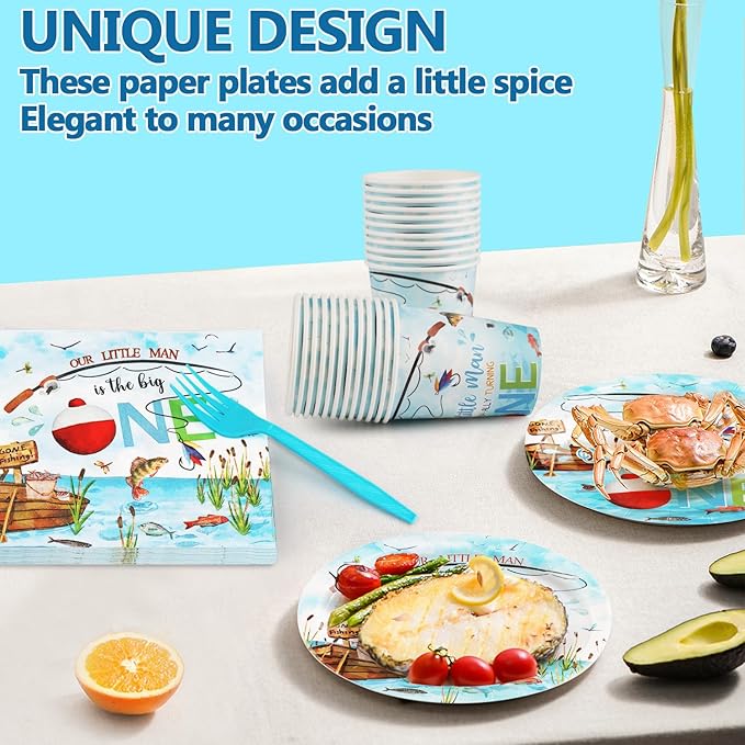 120 PCS Ofishally One Birthday Party Decorations, Ofishally One Paper Plates, Napkins Cups and Forks Tableware Set, Fishing Party Decor Supplies for 1st Fish Birthday Christmas Parties, Serves 24