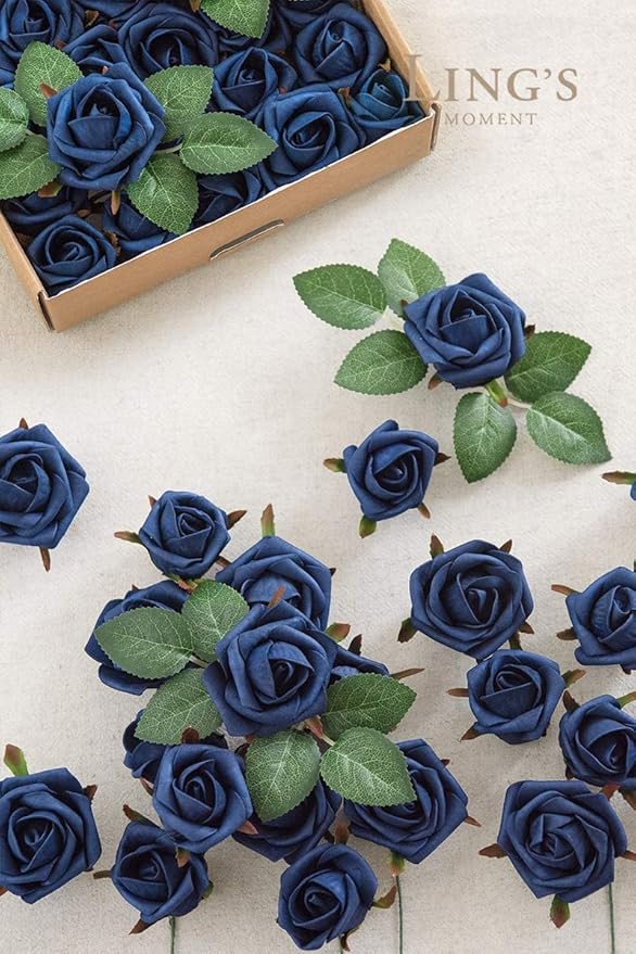 Ling's moment Artificial Rose Buds and Petite Roses w/Stem Pack of 24 for DIY Wedding Bouquets Centerpieces Decorations Boutonniere Corsages (Navy Blue)