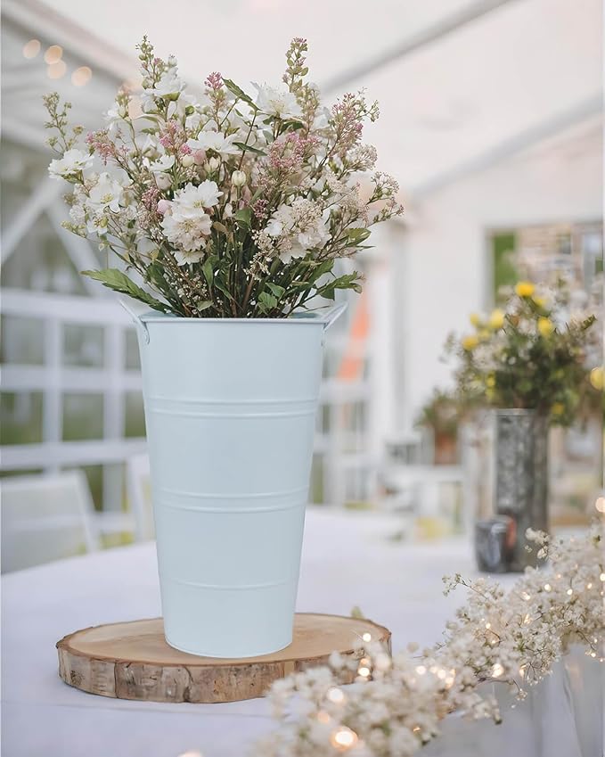 12 Inch Galvanized Metal Vases for Flowers - 6 Pcs Farmhouse Decorative Tall Flower Bucket with Handles, Rustic French Tin Planter Buckets for Wedding Decor (Pure White)
