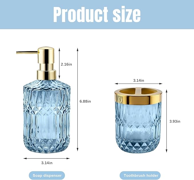 2Pcs Blue Bathroom Accessories Set, Glass Bathroom Accessories, Vintage Bathroom Countertop Decoration Includes Soap Dispenser, Toothbrush Holder