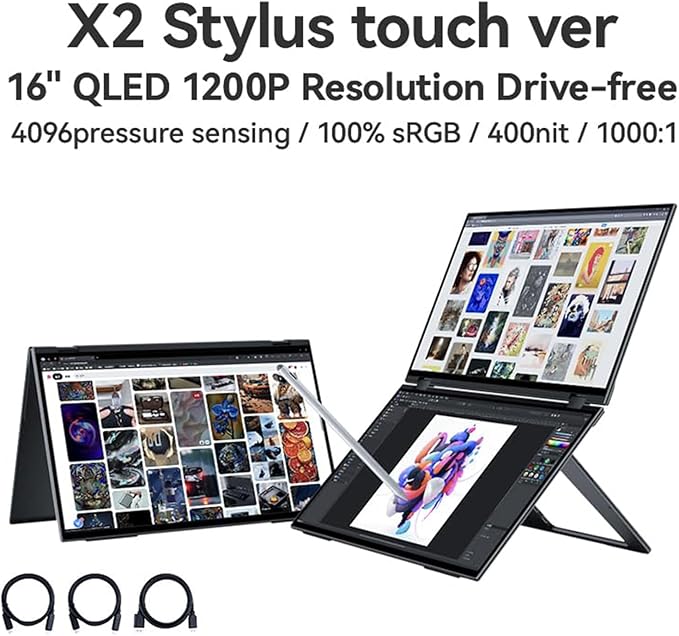 EHOMEWEI Dual View Portable Monitor Double Touch Screen 16"*2 FHD 60Hz 100% DCI-P3 400 Nit Stylus Support CNC Metal Shell for Laptop Tablet Phone for Windows MacOS X2