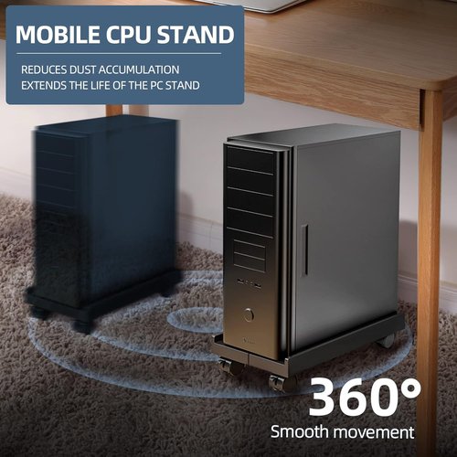 Skiennix Adjustable Mobile CPU Stand - Ventilated Computer Tower Holder with 4 Caster Wheels | Fits Most PC Towers (Black)