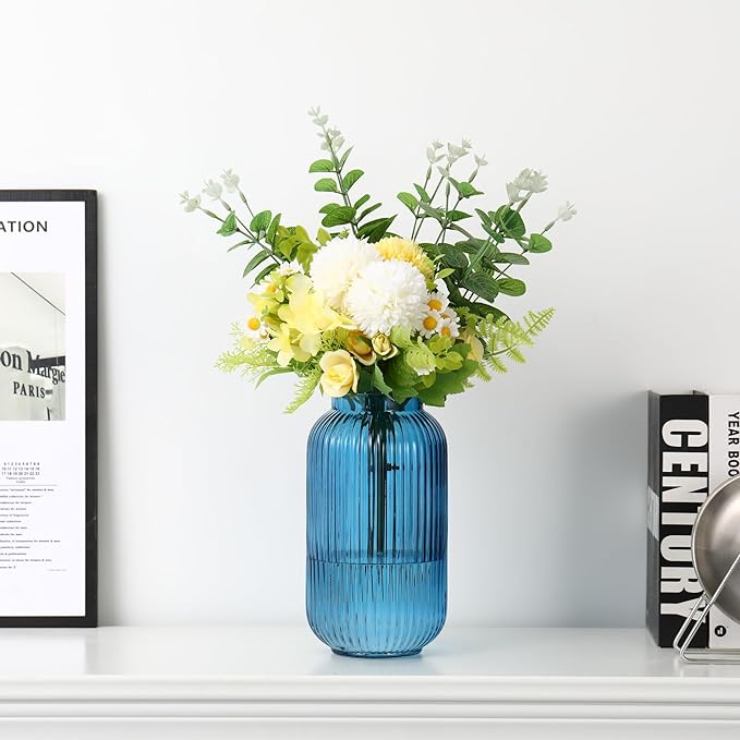 Ribbed Glass Vase, Blue Flower Vase for Bouquet, Glass Vases for Flowers, Modern Vases for Living Room, Bedroom, Kitchen, Dining Table, Office, Wedding, 8.6 Inches