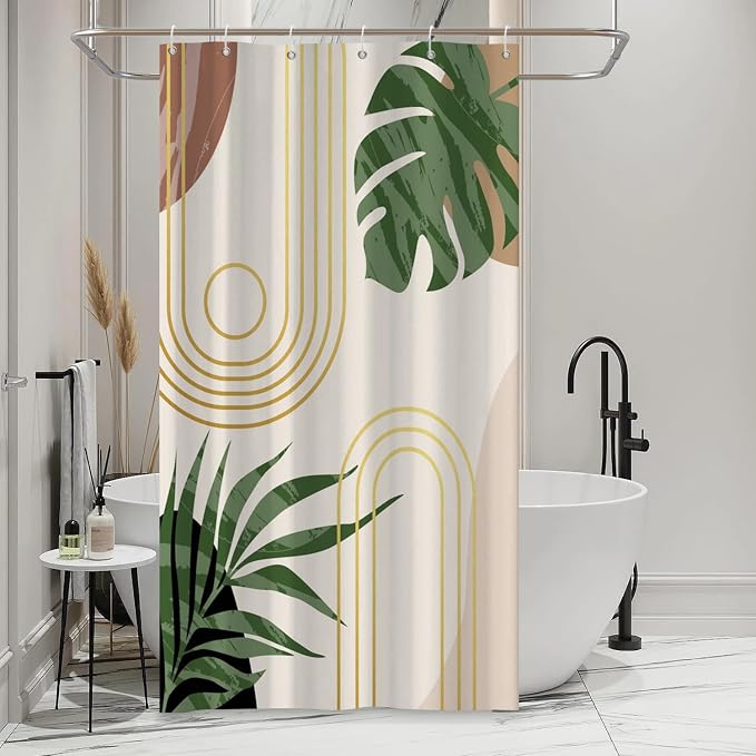 Boho Sage Green Shower Curtain Bohemian Mid Century Geometric Abstract Curve Bathroom Curtain Palm Leaf Polyester Shower Curtain Sets for Bathroom Extra Long 36x72 in with 6 Hooks