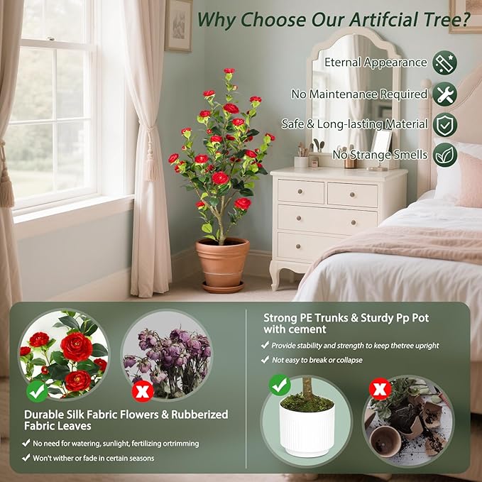 Artificial Camellia Tree 4FT – Nearly Natural Faux Plants Indoor, with Easy Assembly, Low Maintenance, Ideal for Both Indoor Decoration and Other Purposes，Perfect Porch Christmas Trees (White 4ft x2)