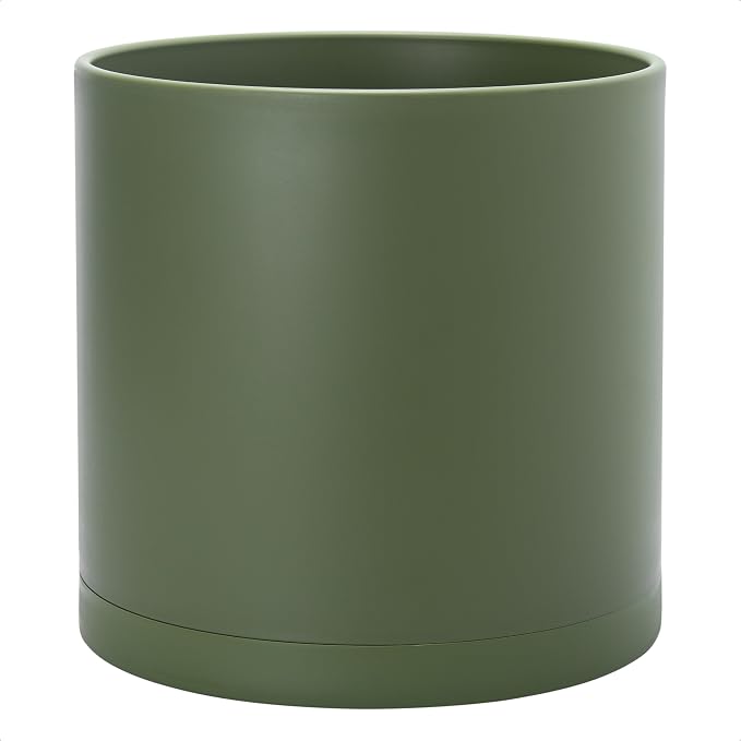 D'vine Dev 14 Inch Plastic Planter Pots for Plant Pot with Drainage Hole and Seamless Saucers, Olive, 74-X-I-4