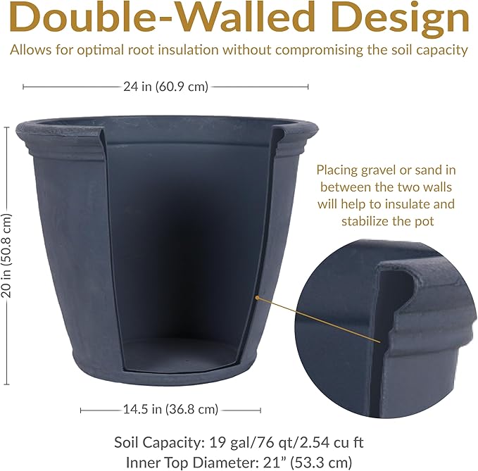 Sunnydaze 24-Inch Anjelica Large Plastic Pot for Plants - Double-Walled Outdoor Polyresin Round Planter Porch Pot with Drillable Drainage Holes - Slate