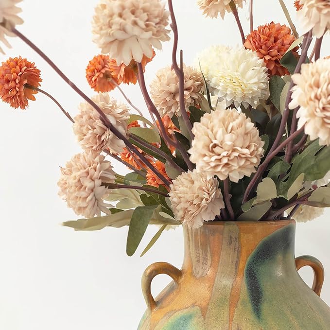 Terracotta Pottery - 10" Unique Decorative Farmhouse Vase with Handle, Green Glazed Earth Yellow Boho Neutral vase Home Decor, Vintage Ceramic Flower vases for Living Room, Kitchen Decor