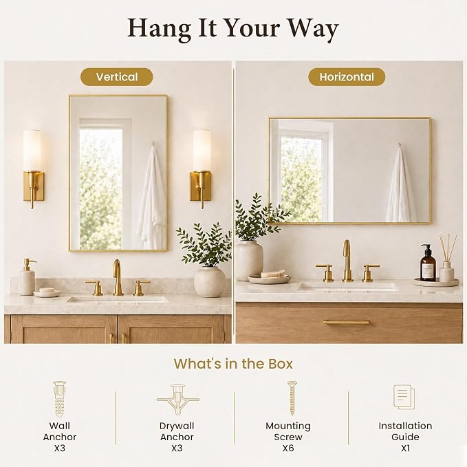 24x36 Inch Brushed Gold Bathroom Mirrors Set of 2, Tempered Glass Rectangular Wall Mirror, Rustproof Metal Frame Double Vanity Mirrors for Over Sink, Entryway, Flush Mount