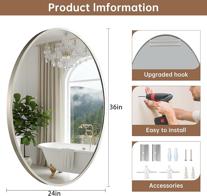 Oval Wall Mirror, 24"x36" Brushed Nickel Vanity Mirror, Bathroom Mirror of Metal Frame, Home Decorative Wall Mounted Mirror for Bathroom, Living Room, Entryway, Vanity