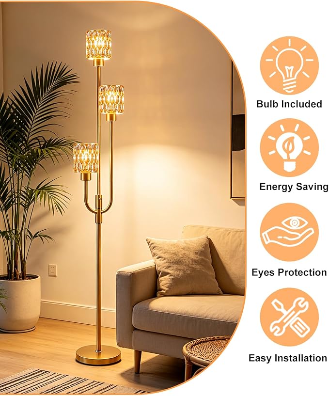 66IN Glass Floor Lamp 3-Lights Modern Gold Dimmable Floor Lamps with 3000K Warm White Bulbs for Wedding Party Modern Standing Tall Lamp with Amber Glass Shade for Living Room/Bedroom/Home Decor