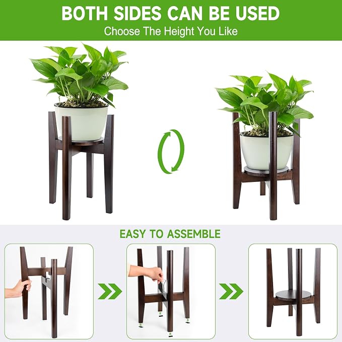 2 Packs Adjustable Plant Stand with Tray,Indoor Wood Plant Stand Fit 8'' to 12'' Planter,Mid Century Modern Flower Pot Holder Rack(Plant and Pot Not Included) Walnut