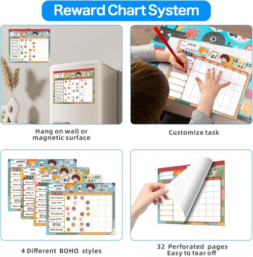 ANSTROUT Boho Chore Chart System - 32 Behavior Reward Stickers | Magnetic 12.2" x 9.8" Pad for Kids