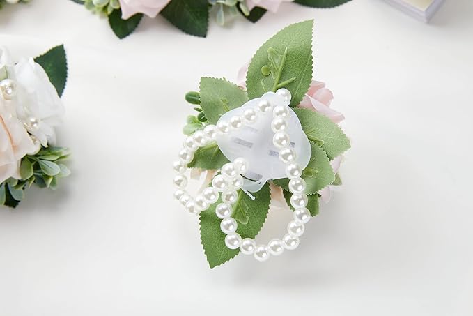 Meldel Wrist Corsage for Wedding White and Pink Rose, Set of 6, Wrist Corsages for Bride Bridesmaid Mother Wrist Flower Girl Women Prom Party, Homecoming Ceremony Anniversary