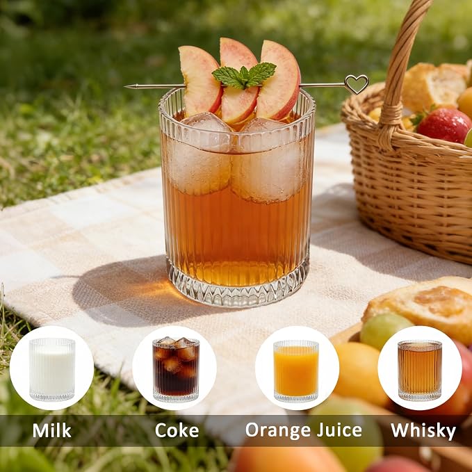 XKXKKE 14 oz Ribbed Drinking Glasses Set of 6, High Clear Vintage Iced Coffee Cups Elegant Glassware, Highball Glass Cups Ridged Glass Tumbler for Cocktail, Whiskey, Beer, Water, Juice, Origami Style