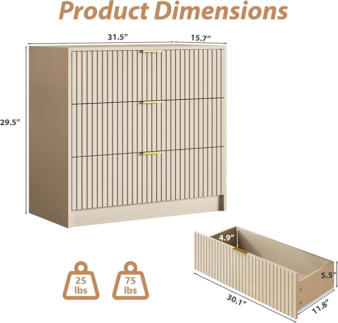 3-Piece Dresser Bedroom Set, 6 Drawer Dresser & 3 Drawer Nightstands with Gold Handles, Fluted Wood Chest of Drawers for Bedroom, Living Room, Entryway, Beige