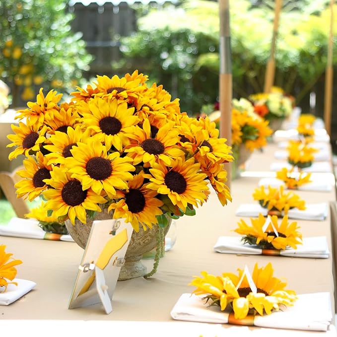 Sunflowers Artificial Flowers, 4 Bundles Fake Fall Flower UV Resistant Silk Sunflower for Vase Autumn Wedding Table Home Porch Patio Garden Indoor Outdoor Decor