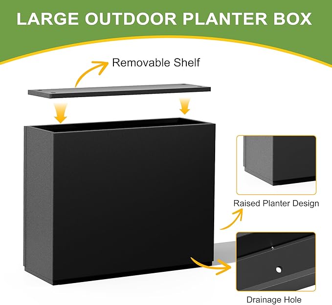 Metal Planter Box Rectangular Planter Box with Drainage Hole, Outdoor Large Planters, All-Weather Use, Rust-Resistance, for Flowers Plants, 29.9" L × 12" W × 24" H, Black