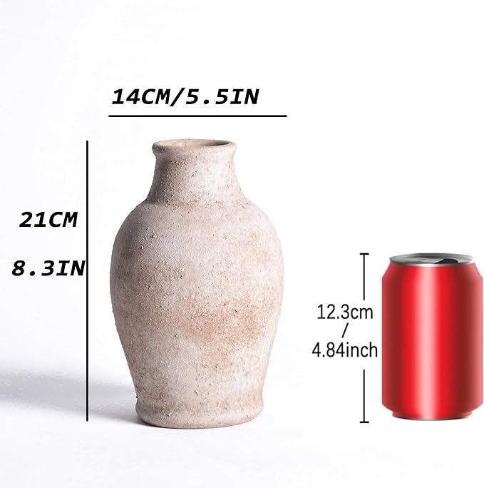 Handmade Rustic Ceramic Decorative vase, 8.3 x 5.5 inches, Off-White, Handcrafted in Vintage Style, Complements Rustic, Country, and Various Decor Themes.