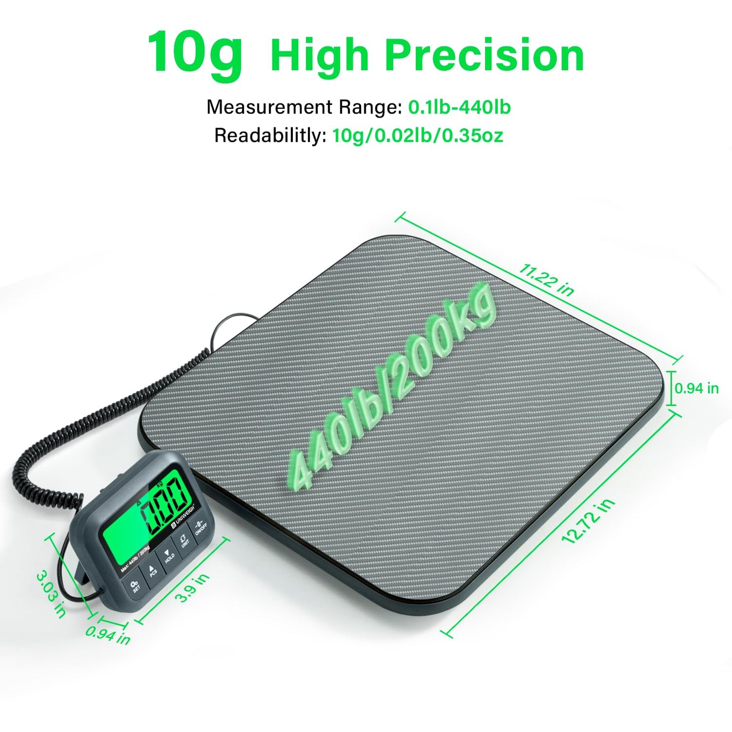 UNIWEIGH Digital Postal Scale - High Accuracy 440lb Shipping Scale with Hold/Tare/Count Features - Grey