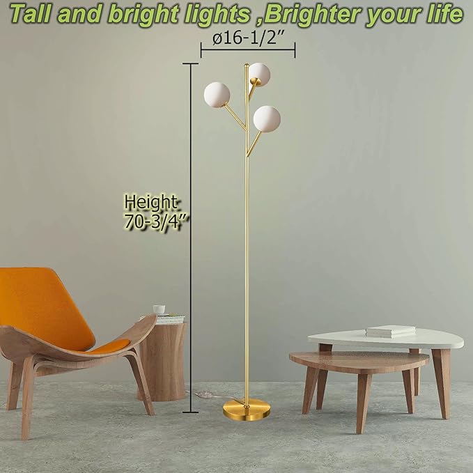 Ldeco Globe Mid Century Tree Floor Lamp with 3 Light Bulbs,70in Tall Standing Glod Floor Lamp with Frosted Glass Shade for Living Room,Office,Bedroom, Study Room, Hotel, Antique Brass Lighting